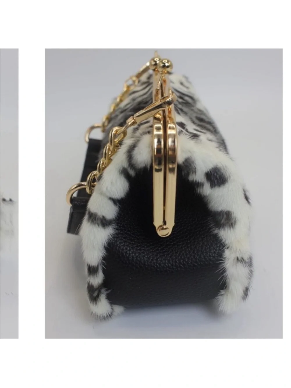 Luxury Mink Fur Leopard Print Handbag Small Kiss Lock Purse With Gold new - Picture 3 of 9